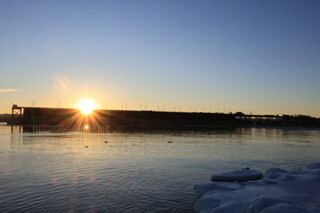 Ore dock at sunset in winter