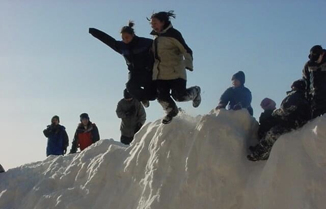 Girls jumping off drift