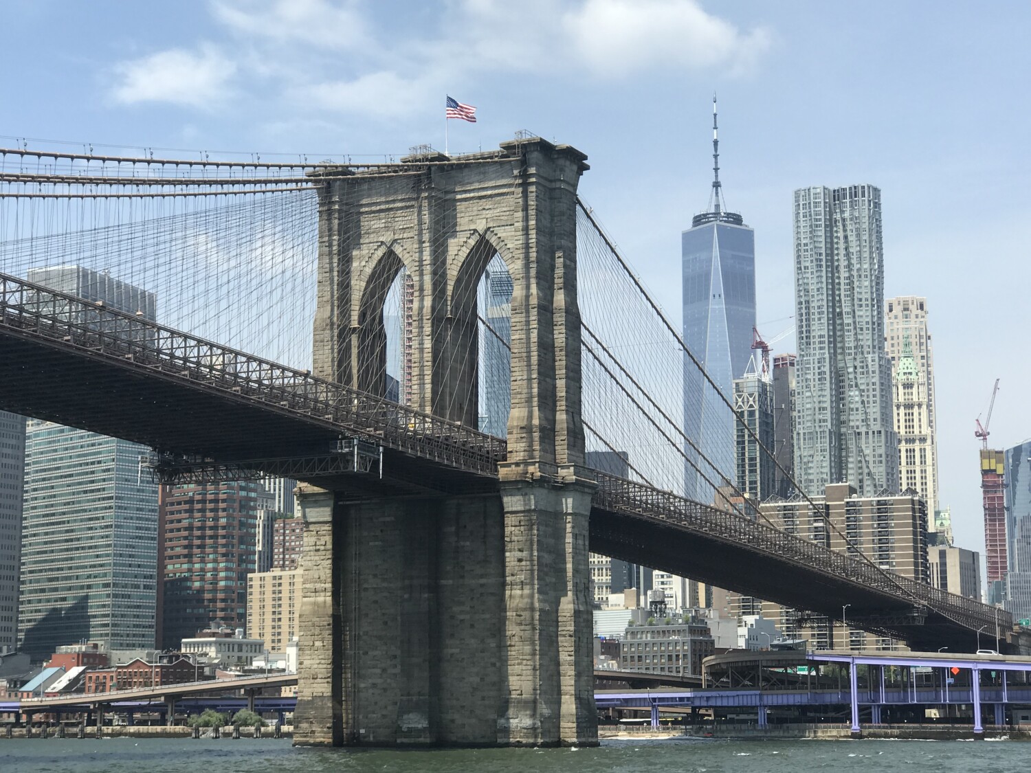 Brooklyn Bridge, with Freedom Tower. NYC