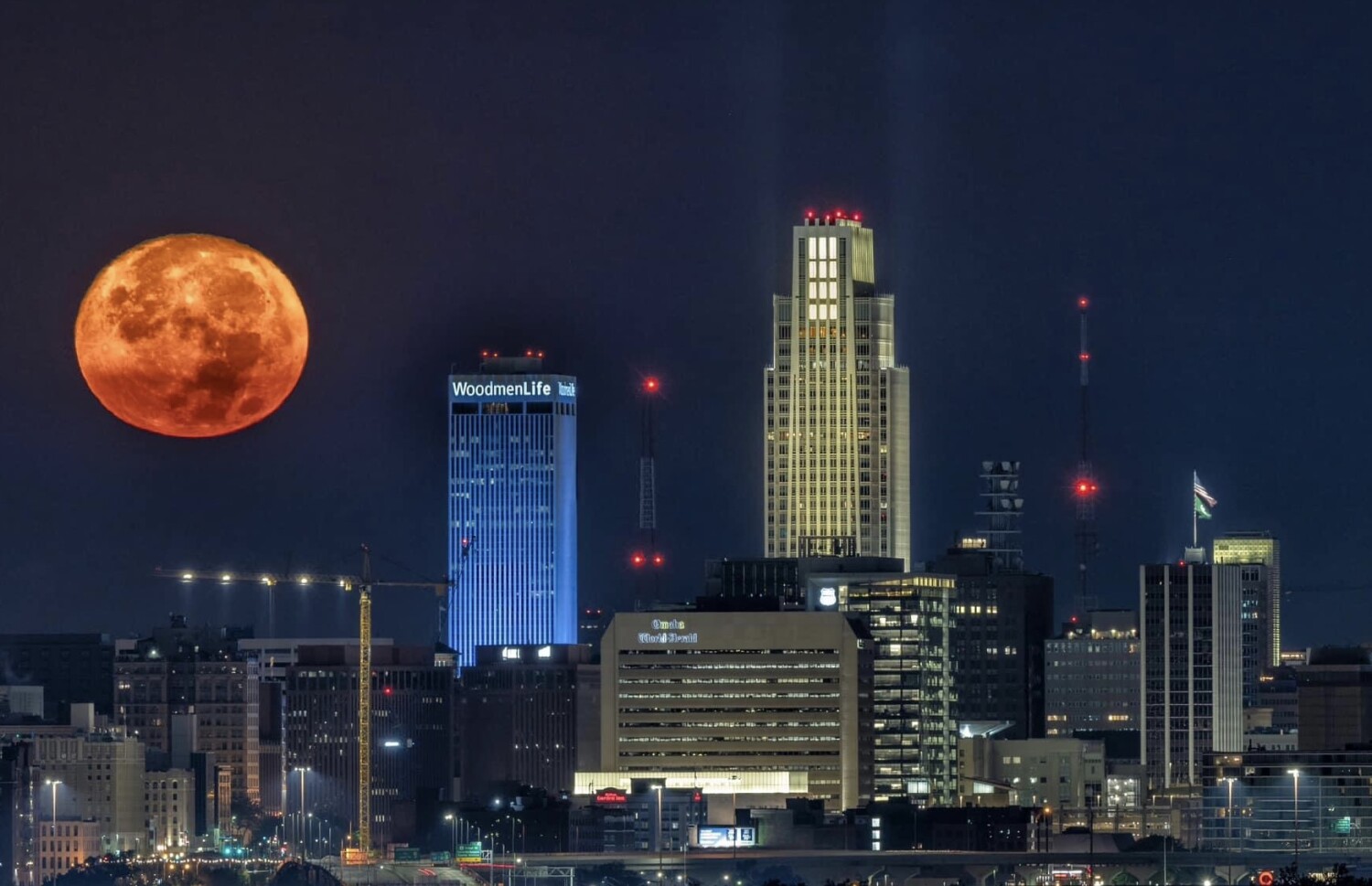 Harvest moon over Omaha, Nebraska