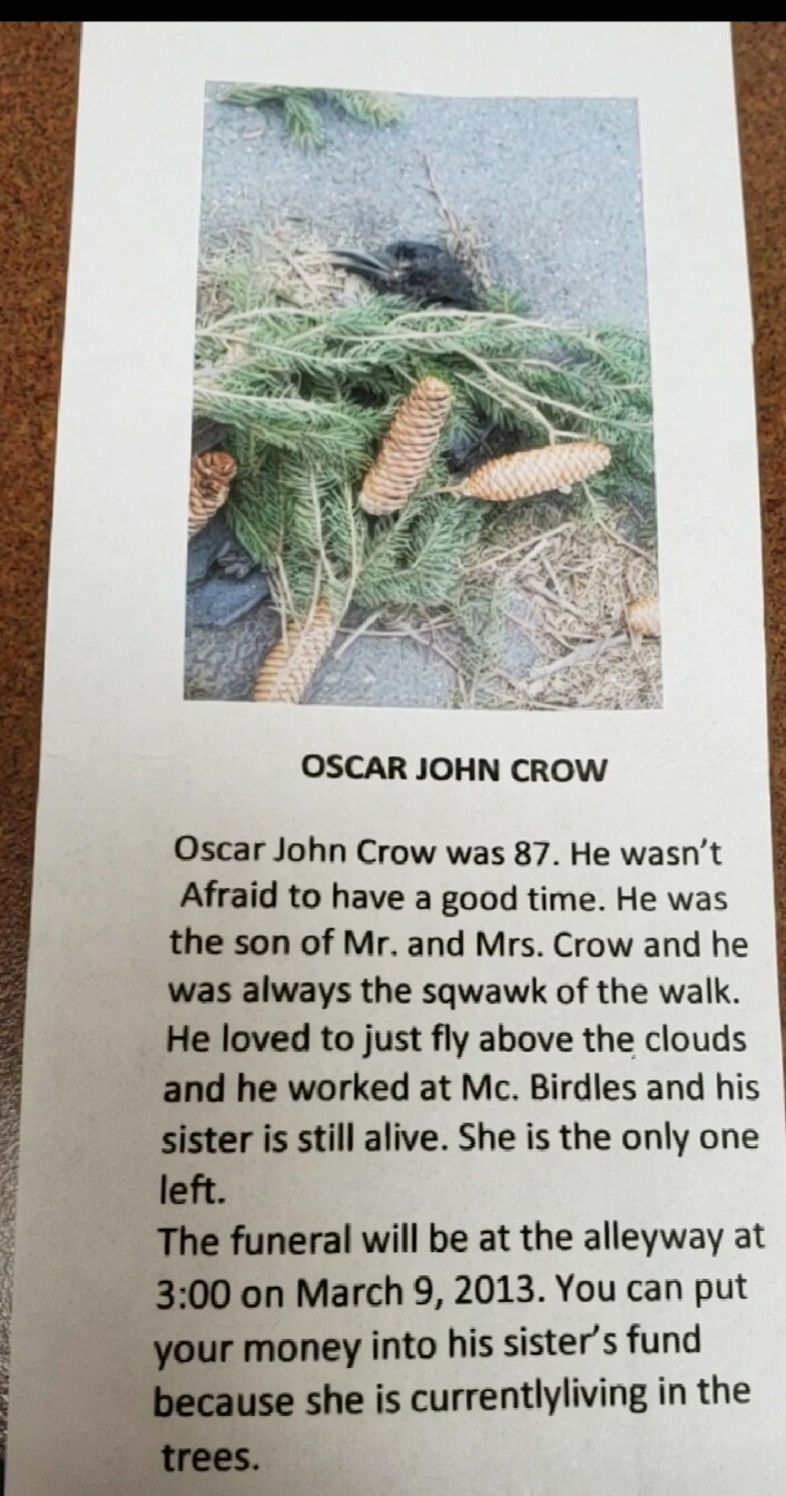 Zany's funeral she held for a dead crow found in